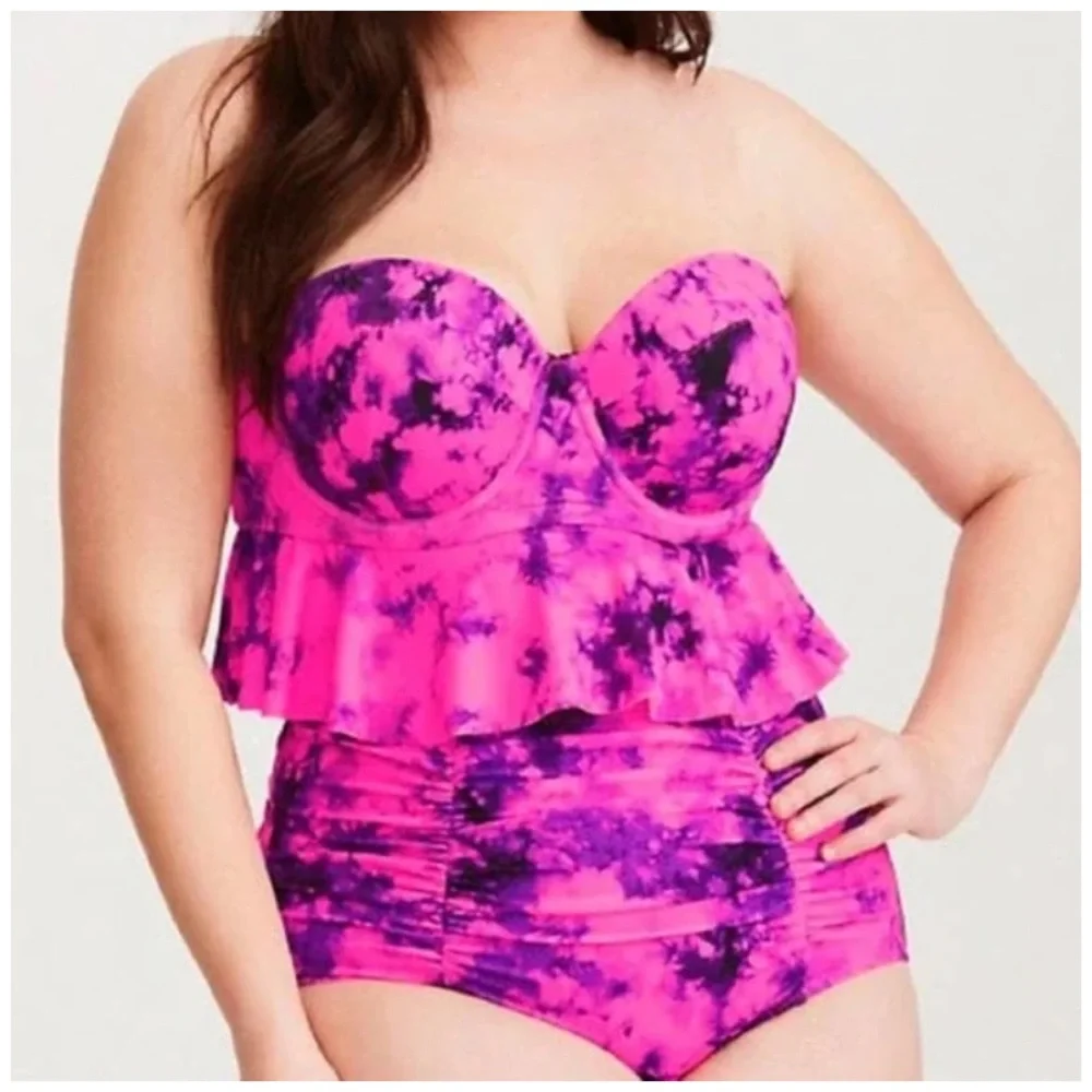 SOLD❌Torrid Purple Hot Pink Purple Tie Dye Peplum Bikini Swim Top - Picture 1 of 7
